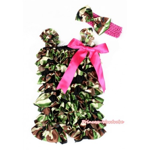 Camouflage Satin Petti Romper with Hot Pink Bow & Straps With Hot Pink Headband Camouflage Satin Bow 2pc Set LR176 